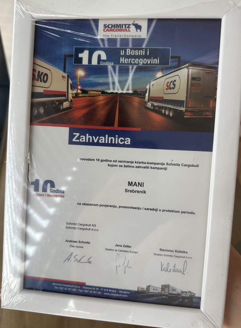 Zahvalnica Schmitz Cargobull povodom 10 godina u Bosni i Hercegovini