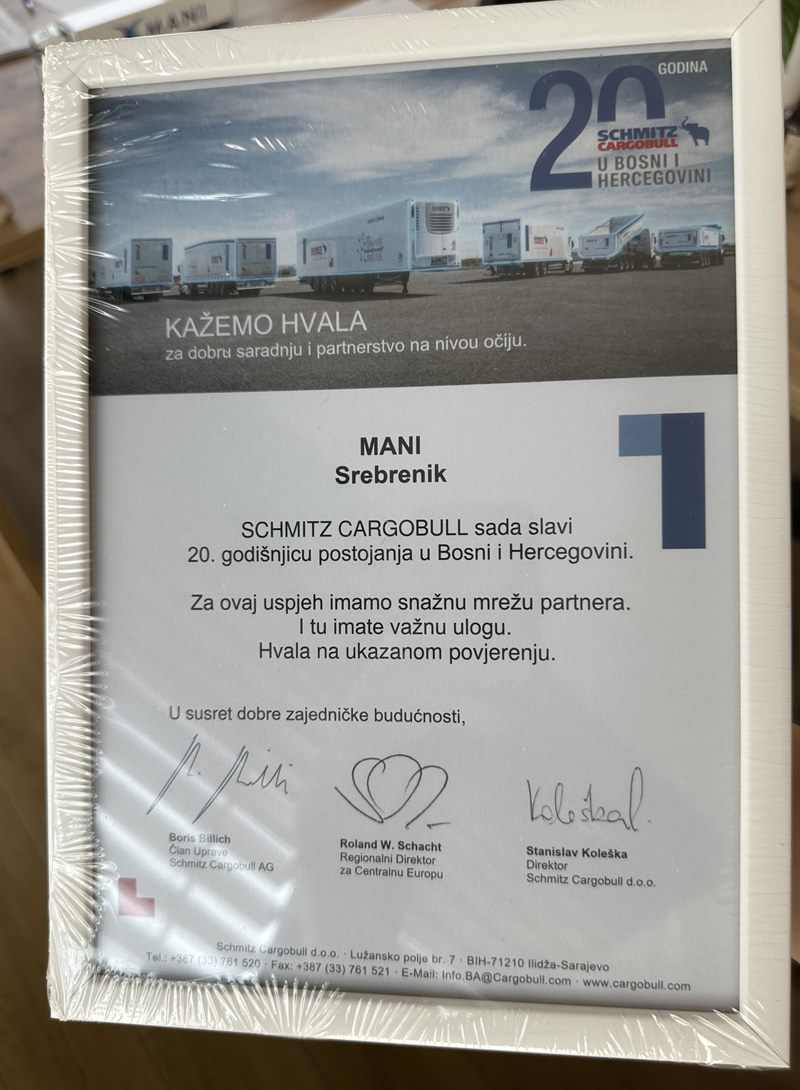 Zahvalnica Schmitz Cargobull povodom 20 godina u Bosni i Hercegovini
